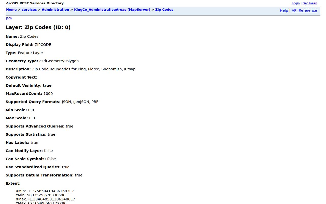 King County ZIP code directory ZIP polygon layer fields and map service