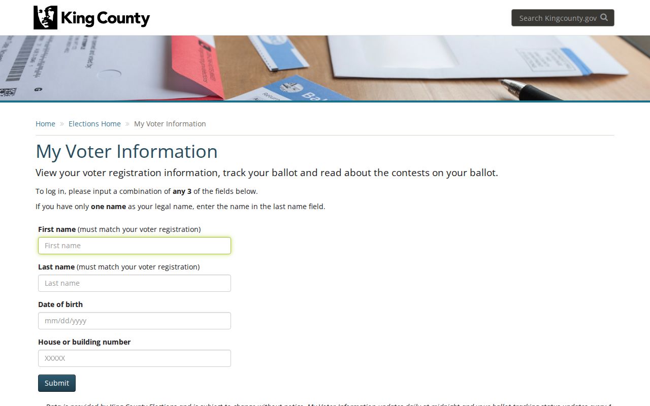 King County resident lookup My Voter Information lookup form