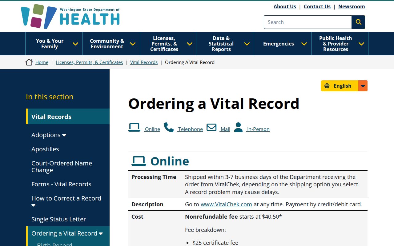 King County resident lookup Department of Health vital records ordering options