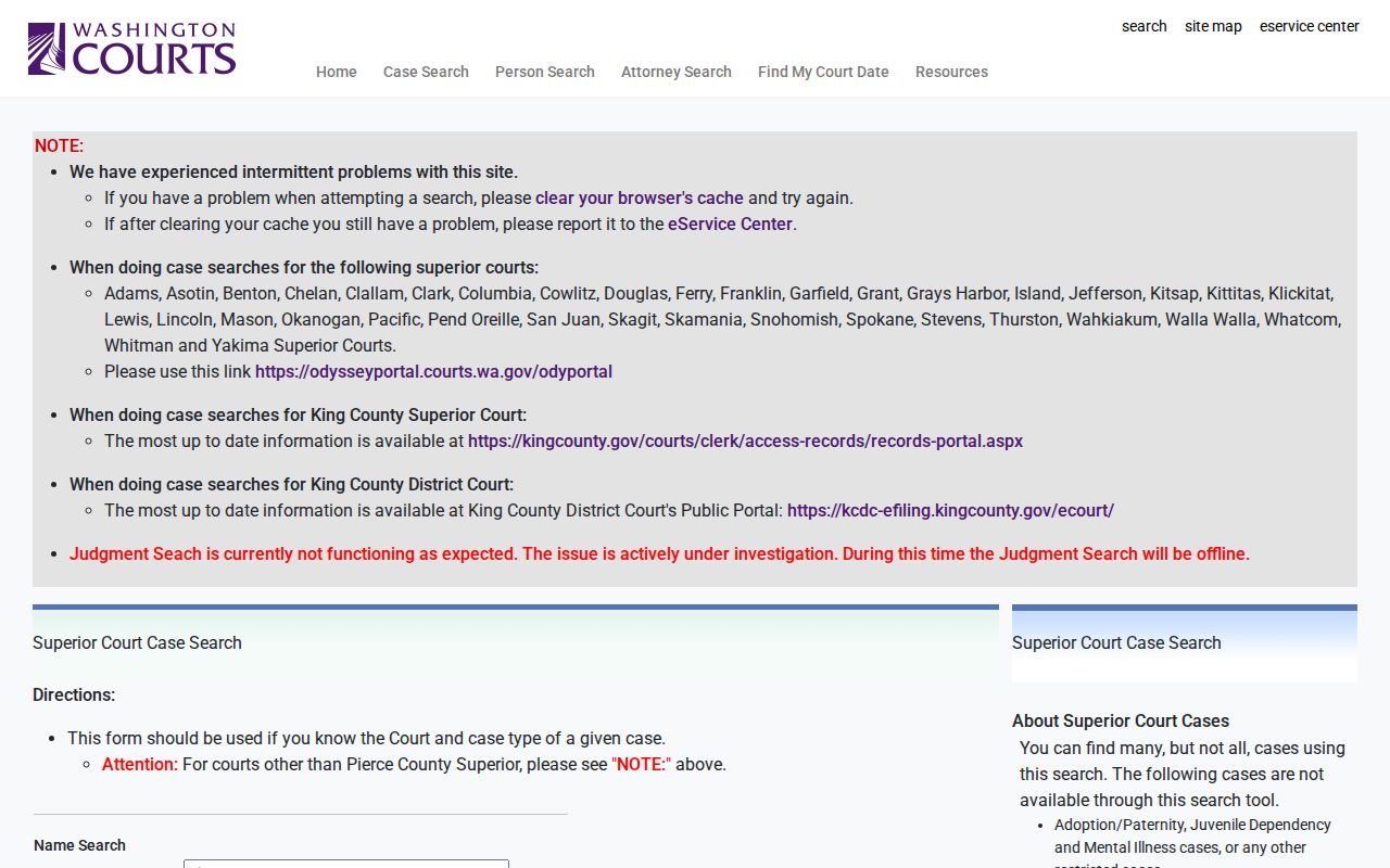 King County resident lookup Courts name and case search entry for King County records